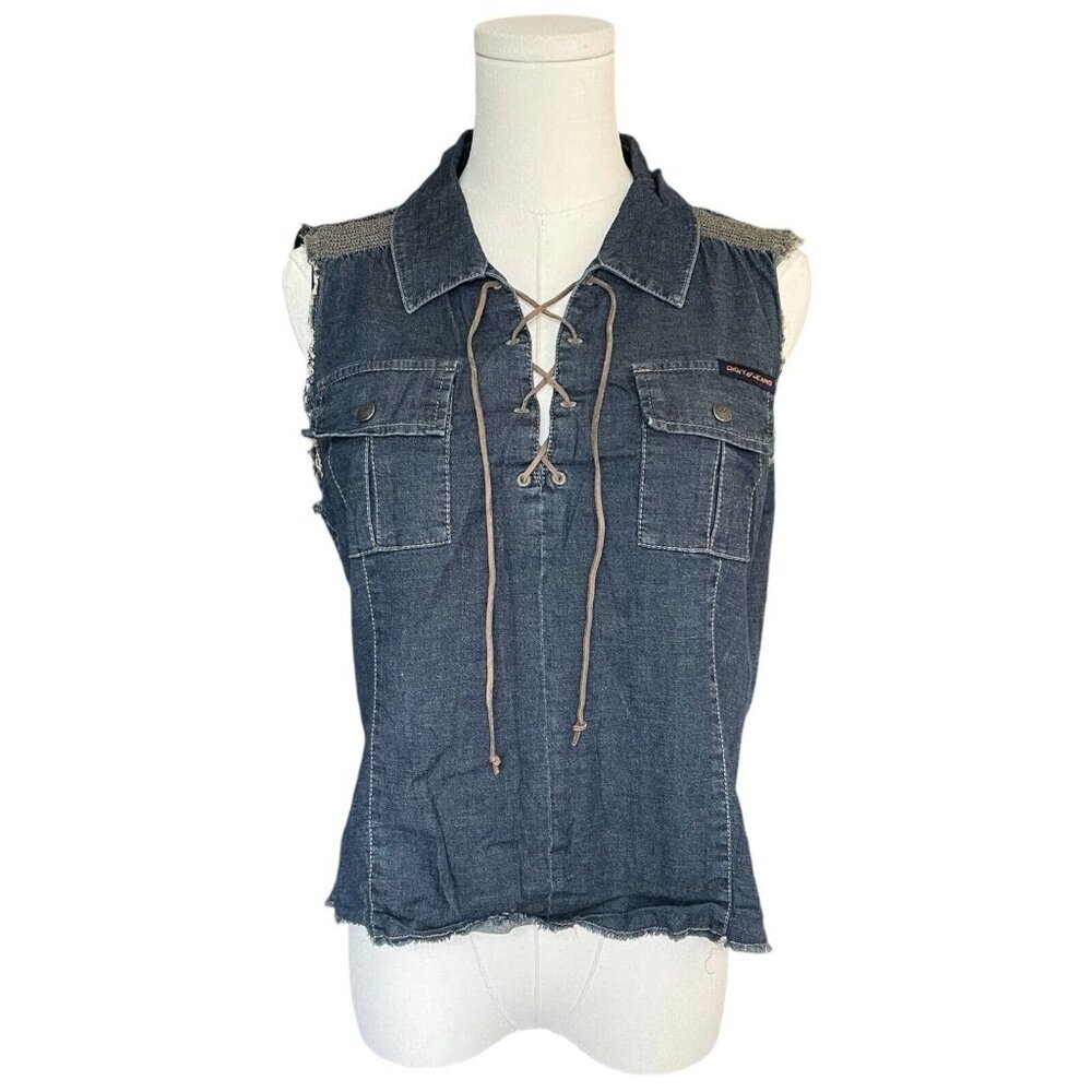 DKNY Vintage Y2K Sleeveless Denim Top Women L Western Cowgirl Lace-Up‎ VTG 2000s